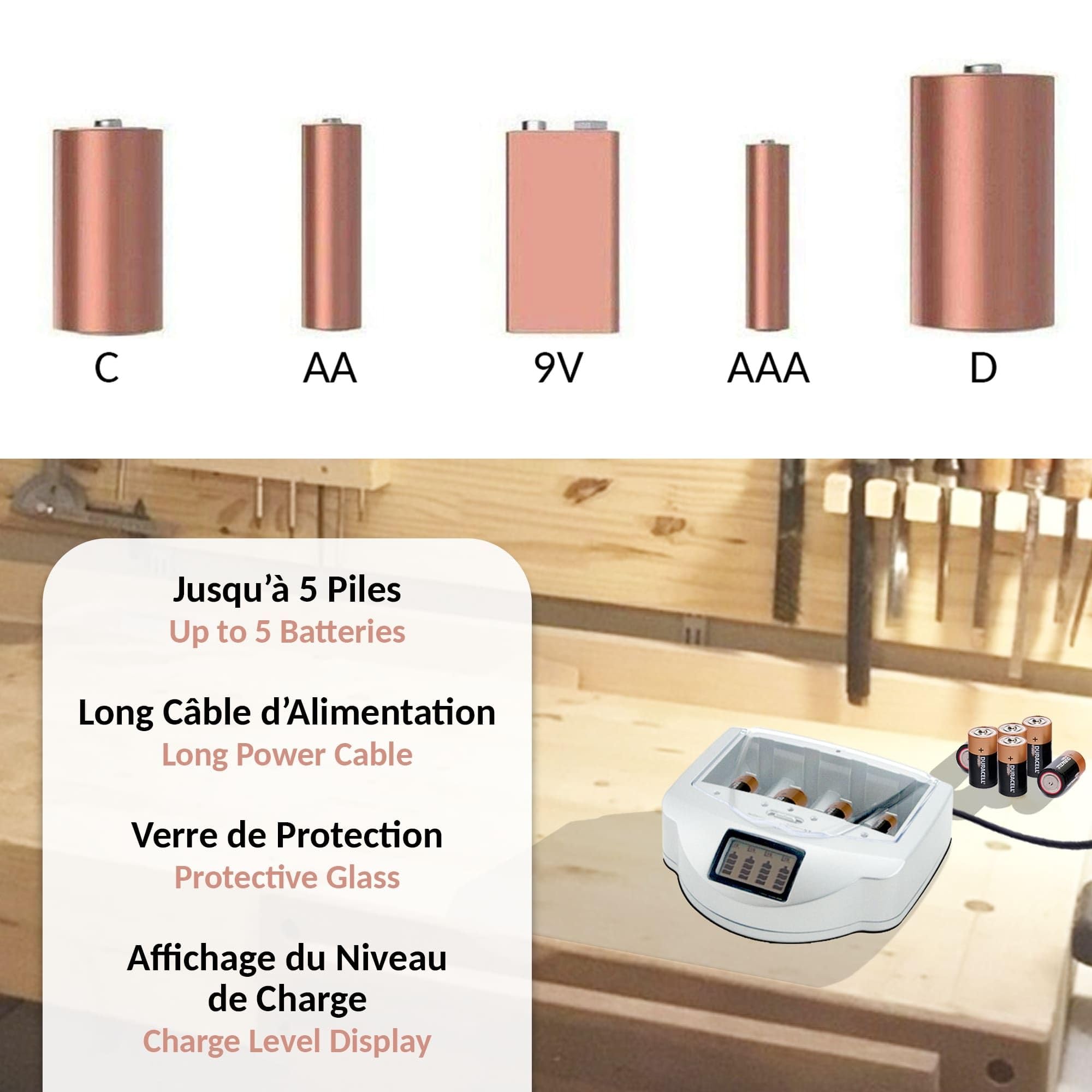 FISHTEC - Chargeur Universel de Piles Rechargeables - LR3 LR6 LR14 LR20 9V - LCD et voyants LED - Ni-MH Ni-CD et alcalines jusqu'à 10 recharges - Maison Bureau économies éco-responsables