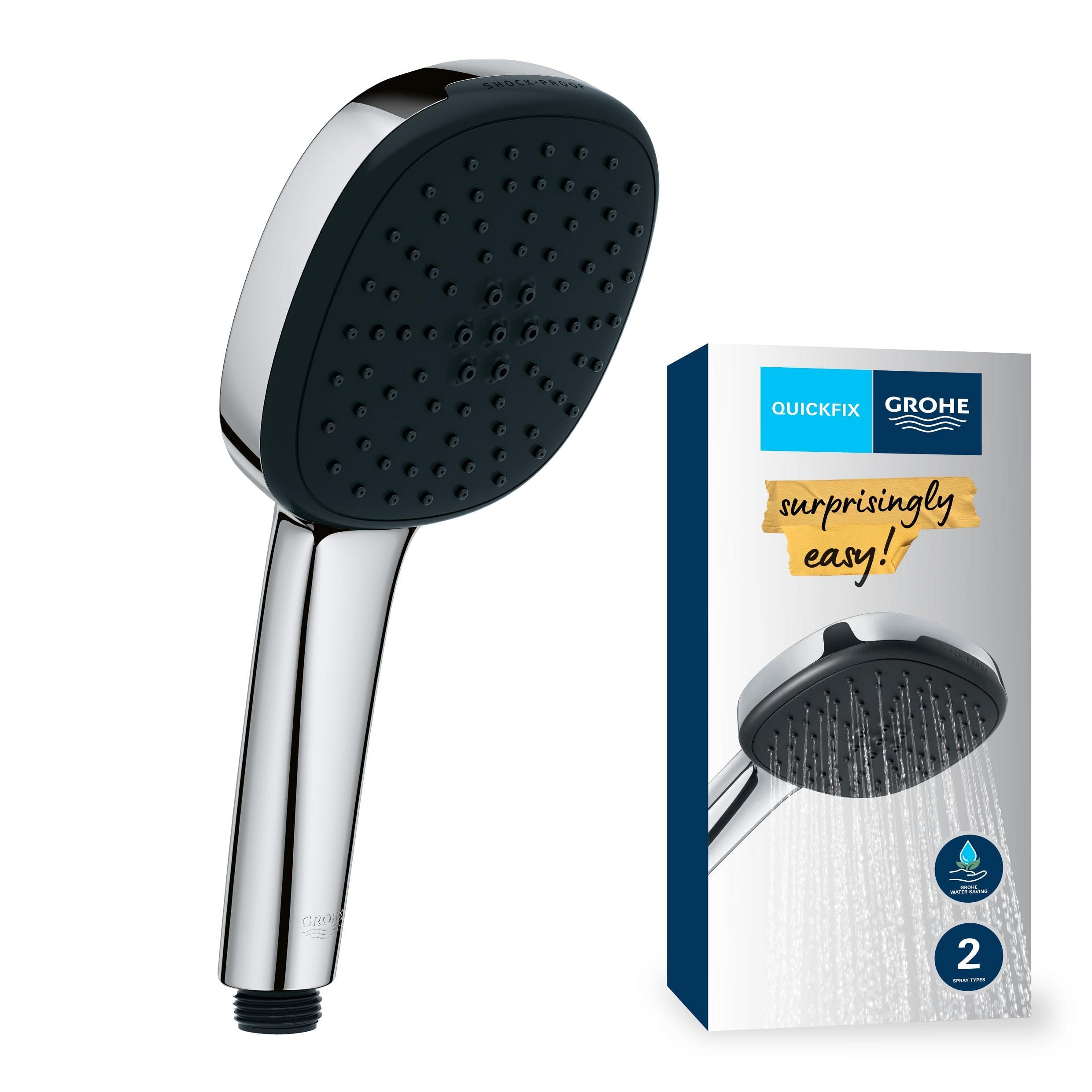 GROHE Vitalio Comfort 110, Pommeau de Douche Cube 11cm 2 Jets (Pluie/​Stimulant), Economie d'Eau, Sélection Facile, Procédé Anti-​Calcaire, Chromé, 26397001