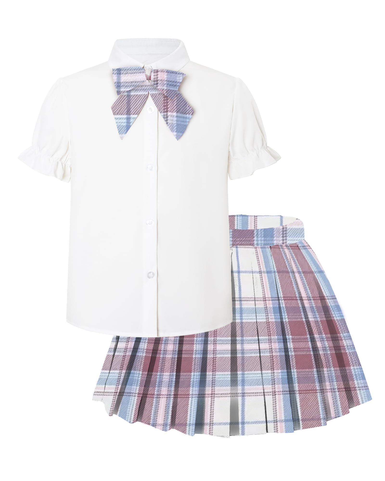 Betusline Girls JK Uniform Outfit, Shirt with Bow &amp; Pleated Skirt,4T-16Y