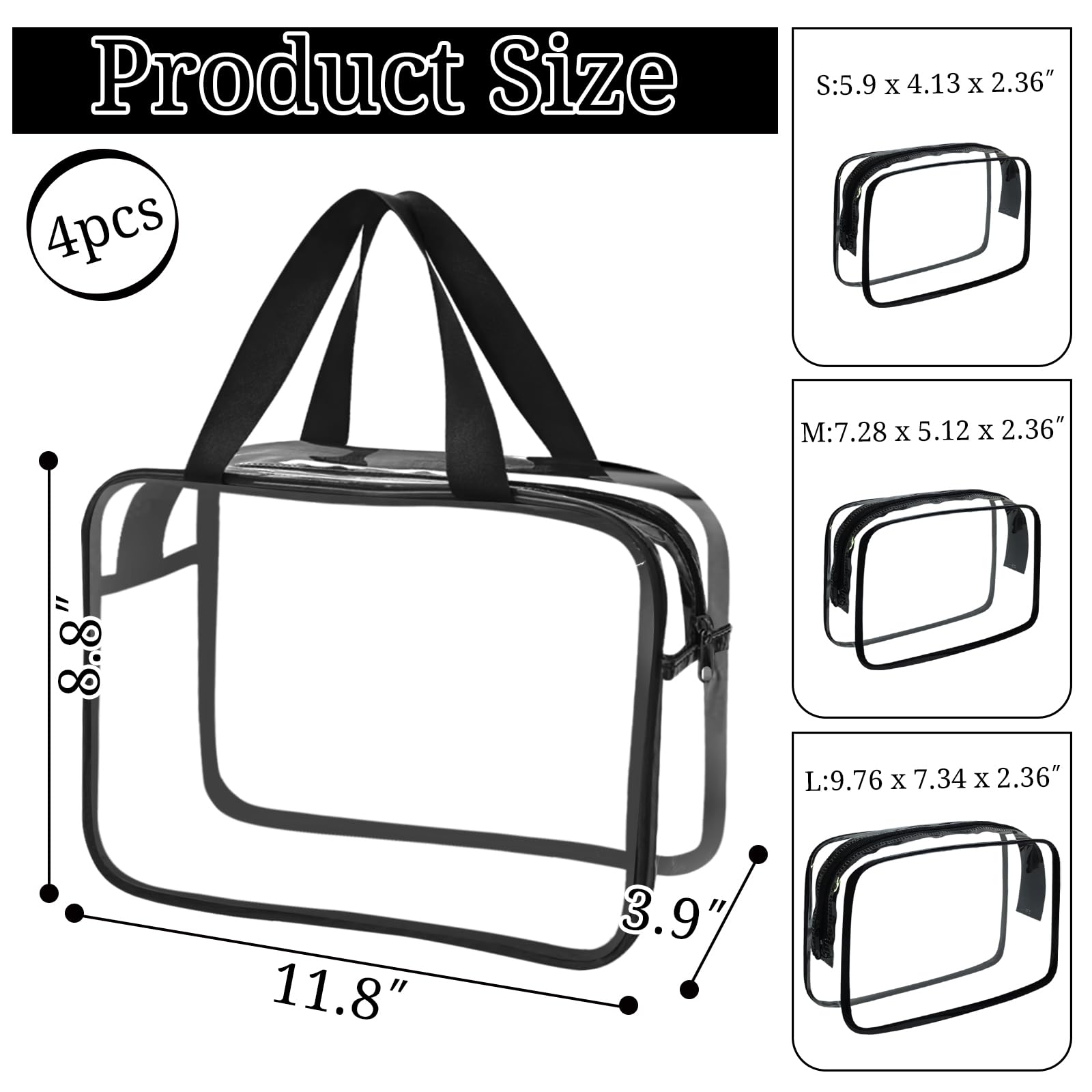 4-Pack Large Clear Toiletry Organizer Bags with Handle