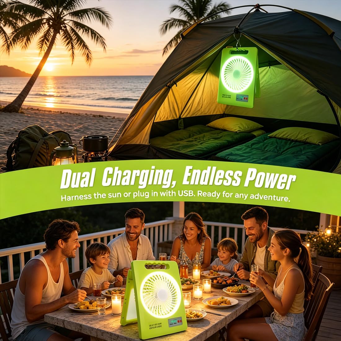 2-in-1 Solar-Campingventilator mit LED-Licht, 2400-mAh-Akku, Faltbare Zeltlampe mit USB-C- und Solarladung, Powerbank für Stromausfall und Outdoor (2PCS-FAN)