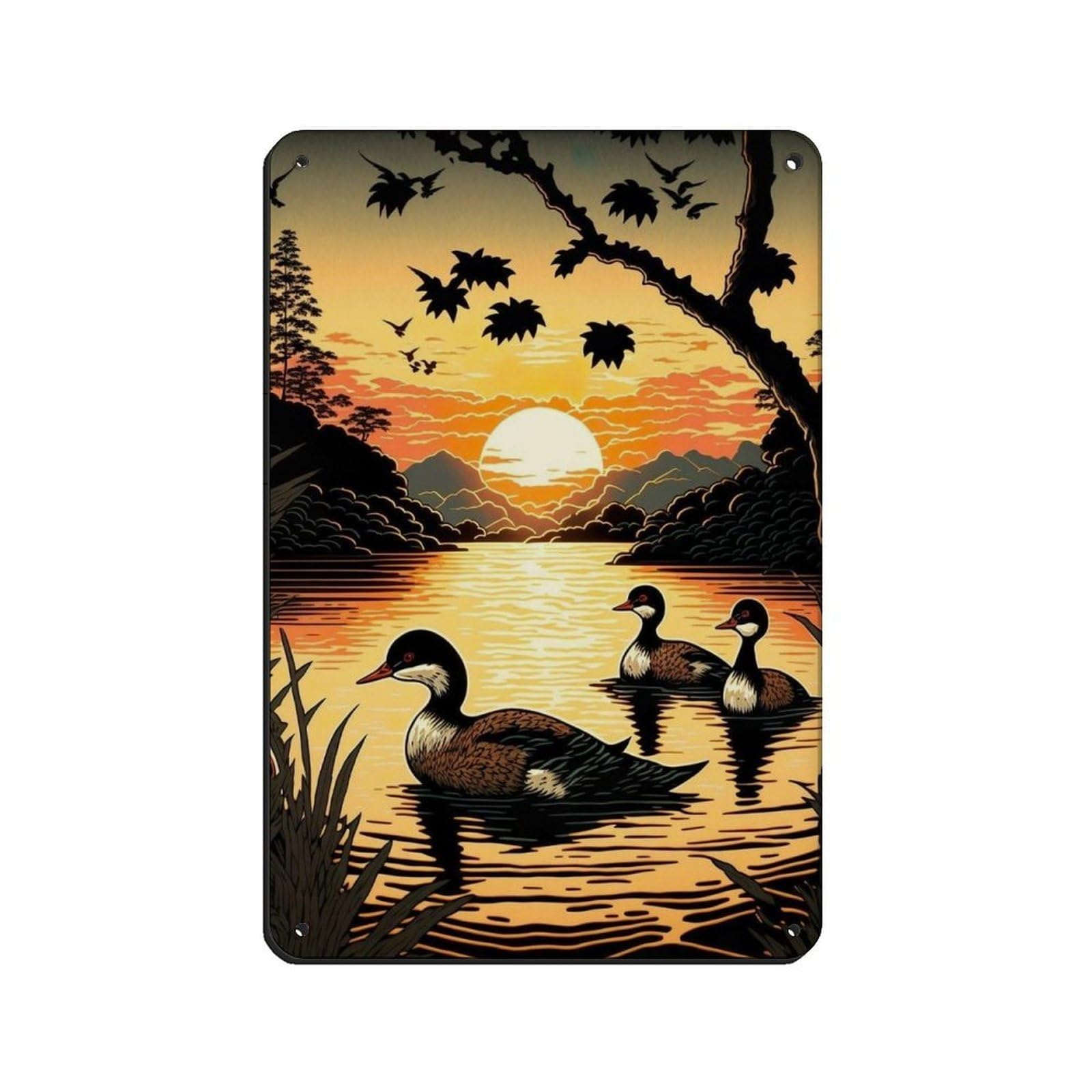 Duck Family Swimming in Sunset, Retro Poster Metal Tin Sign Chic Art Retro Iron Painting Bar People Cave Cafe Family Garage Poster Wall Decoration 8x12inch(20x30cm)
