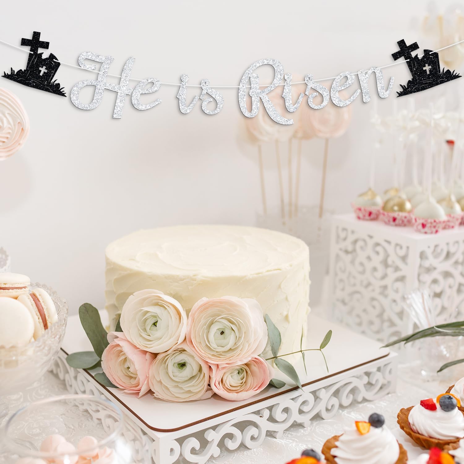 He is Risen Banner, Jesus Easter Bunting Sign, Religious Cross Decor, Easter Party Decorations Supplies, Silver Glitter