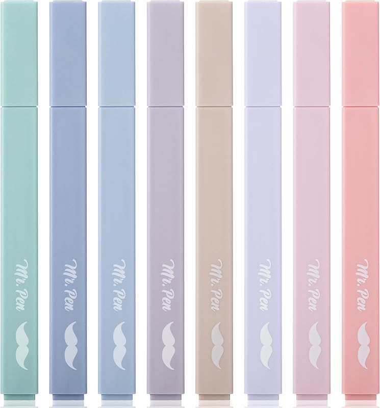 Mr. Pen- Resaltadores estéticos sin sangrado, paquete de 8, colores Morandi | Punta de cincel, lindos resaltadores de colores surtidos para escribir un diario, resaltar, subrayar, secado rápido, útiles para el regreso a la escuela