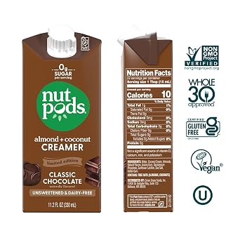 nutpods Barista Basics Non Dairy Coffee Creamer Bundle: a 3 pack of Classic Chocolate and a 4 pack of French Vanilla and Caramel, Made from Almonds and Coconuts with zero sugar.