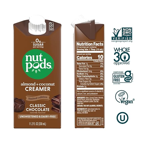 nutpods Barista Basics Non Dairy Coffee Creamer Bundle: a 3 pack of Classic Chocolate and a 4 pack of French Vanilla and Caramel, Made from Almonds and Coconuts with zero sugar.