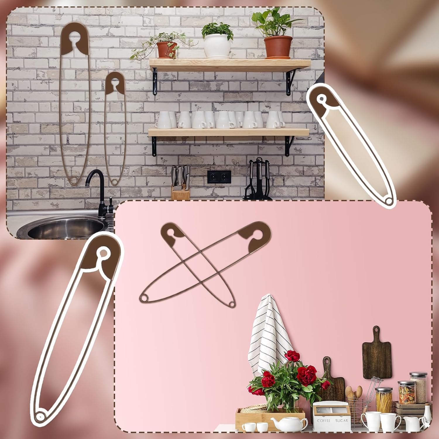 Daifunli 2 Pcs Large Hanging Metal Safety Pins Rustic Laundry Giant Safety Pin Laundry Wall Sign for Home Room Wall 3D Decoration
