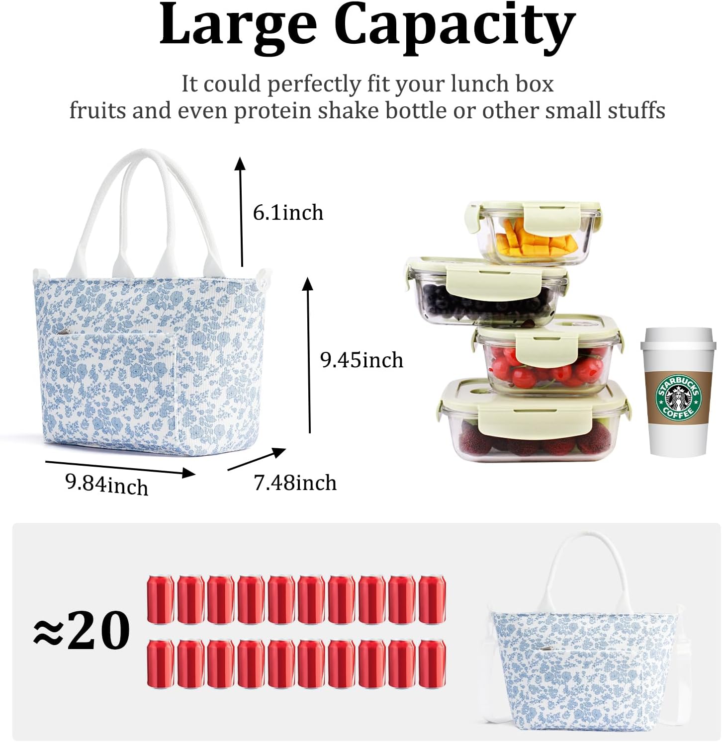 Lunch Bag for Women Adult Large Insulated Lunch Box Girl Cute Corduroy Lunch Tote Bags Reusable Leakproof Cooler Work Picnic