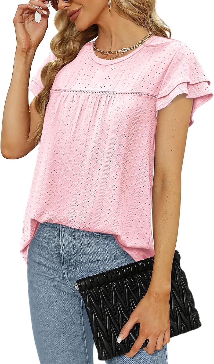 Zwurew Womens Summer Tops Crewneck Eyelet Ruffle Sleeve Blouses Casual Babydoll Shirts 2026 S-2XL - Image 2