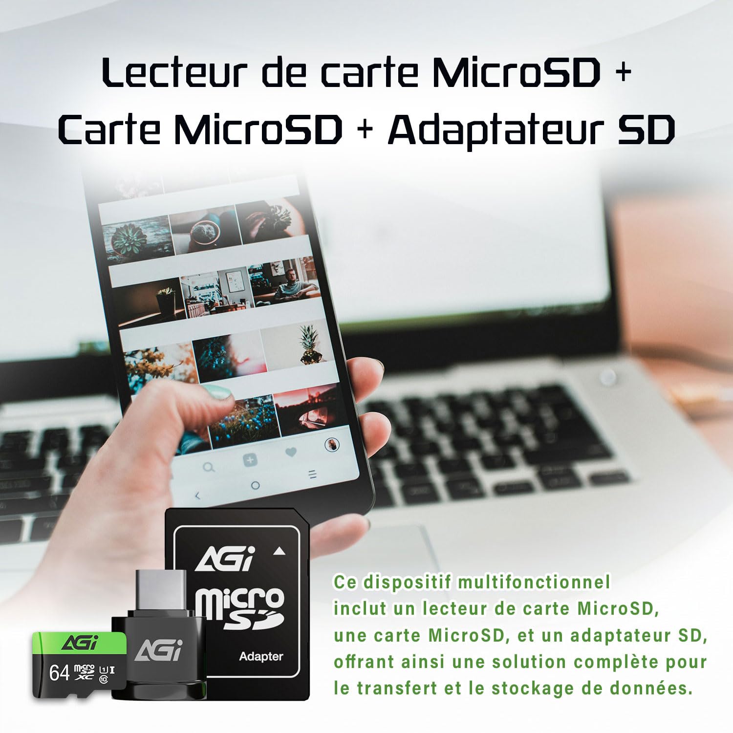 AGI TF138 Carte Micro SD MicroSDXC 64 Go avec Adaptateur SD Lecteur de Carte Type C USB 2.0 OTG