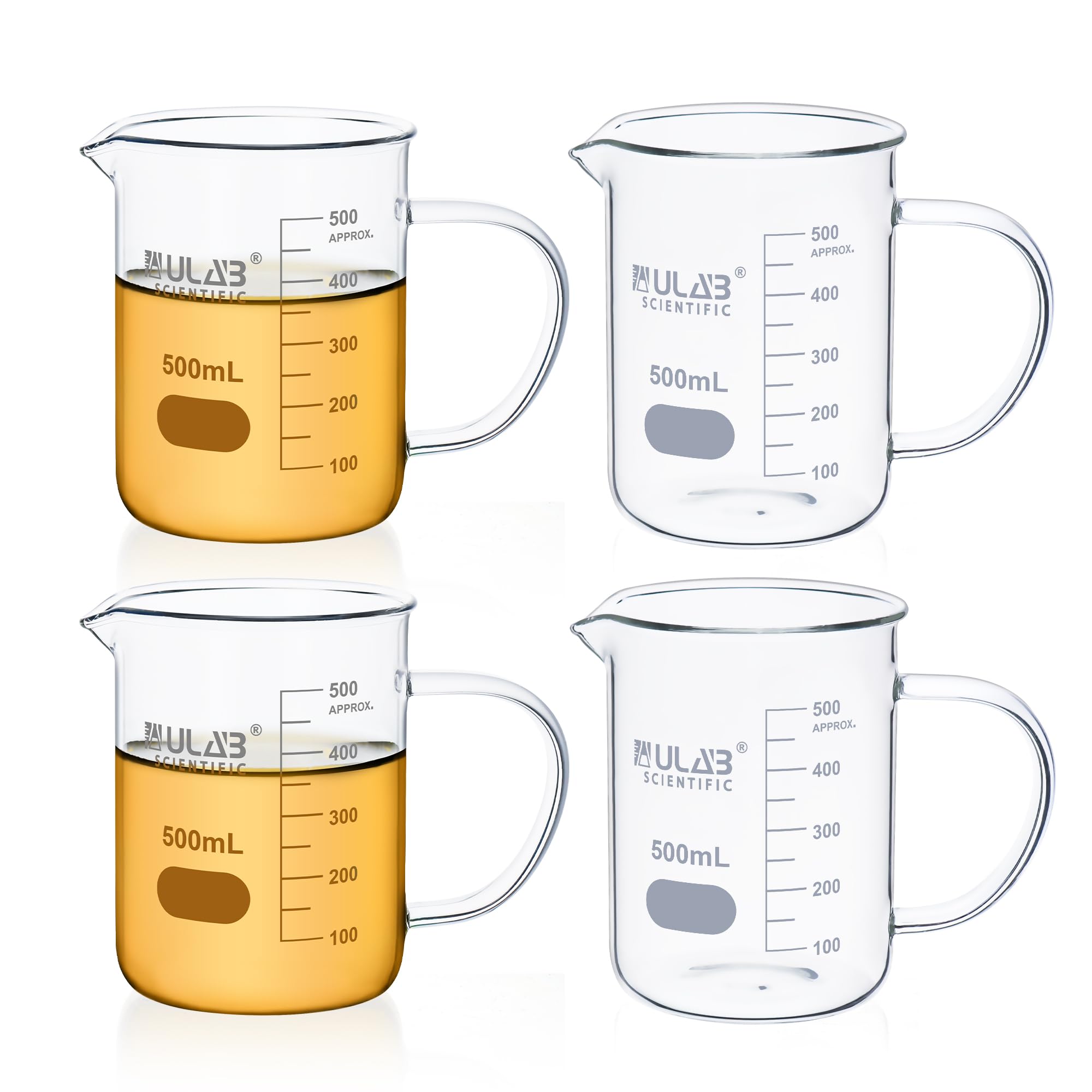 ULAB UBG1071 Lot de 4 béchers en verre borosilicate 3.3 avec poignée, vol. 500 ml, forme basse avec graduation imprimée, lot de 4