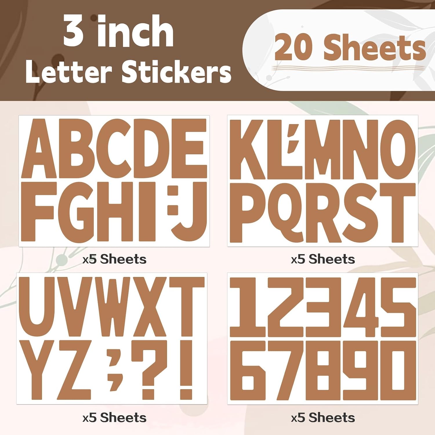 3 Inch Letter Stickers,225 Pieces Brown Vinyl Alphabet Stickers for Mailbox Numbers,Signs,Bulletin Boards（Brown,20 Sheets）