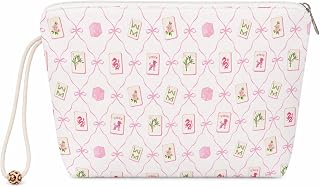 Preppy Pink Bow Canvas Makeup Bag Small with Bottom, Mahjong Pattern Cosmetic Bag for Travel Toiletry, Coquette Pink Canvas Pencil Pouch with Zipper, Mahjong Gifts for Women Unique, Mah Jongg Gift