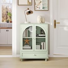 Farmhouse Buffet Cabinet w/Arched Glass Doors, Green MDF Sideboard