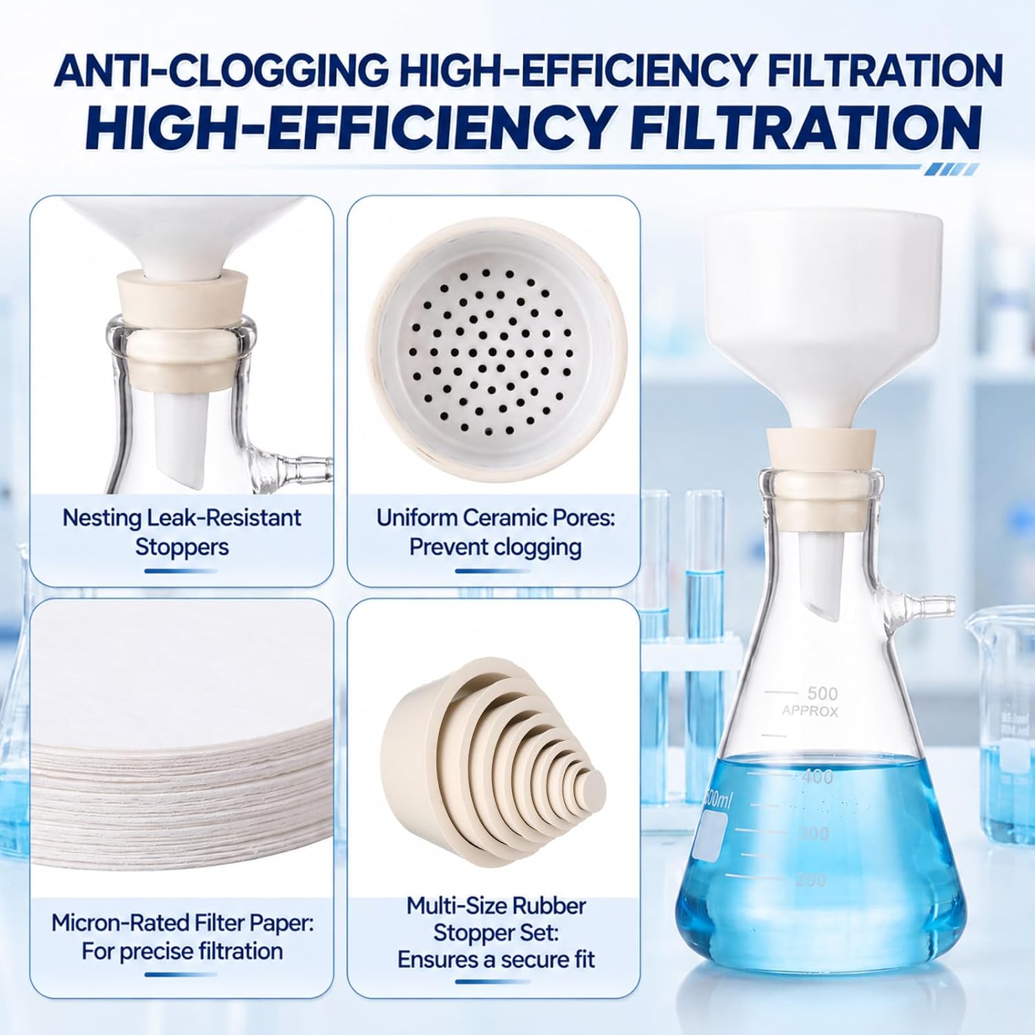 Tallew 500ml Buchner Funnel Filtering Kit with Manual Vacuum Pump, Borosilicate Glass Filter Flask, Ceramic Funnel, 9 Rubber Stoppers and 100 Pcs Filter Papers for Chemistry Lab Filtration