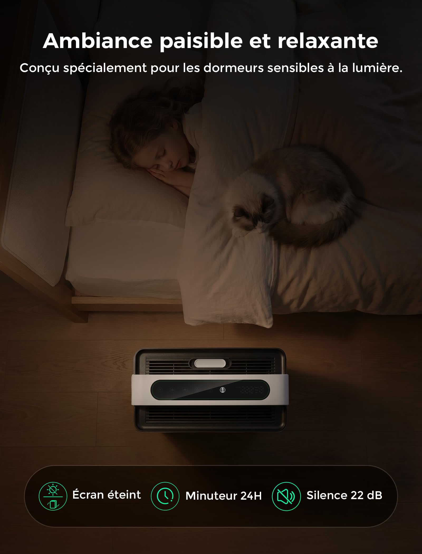 Purificateur d'Air Maison 2500 pi², HEPA Double Entrée d’Air Filtration Préfiltre lavable, Éfficace contre Allergies et Odeurs, Capteur Intelligent de Qualité d'Air pour Bureau Chambre