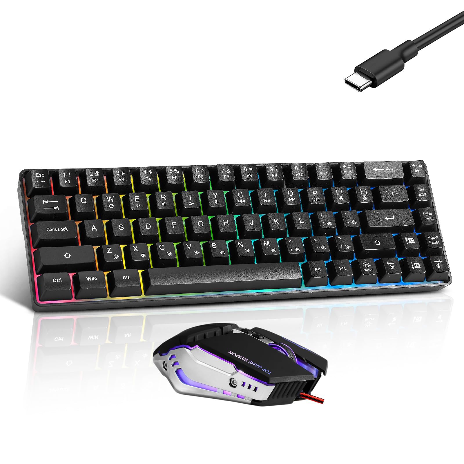 Guiheng Tastiera da gioco cablata al 60% e mouse, ultra-compatta a 61 tasti RGB retroilluminata, leggera ottica 3200 DPI, set da gioco cablato per Windows, PC, Mac, PS5, Xbox Gamer, (nero)