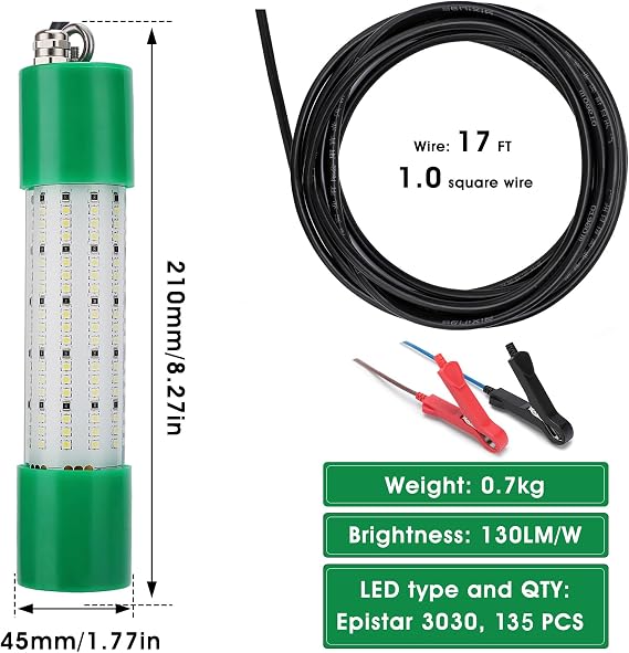 Fishing Light Underwater 12V 100W 12000LM Green White Led Submersible Night Ice Squid Crappie Waterproof IP68 Bait Dock Attractants in Freshwater and Saltwater with 17FT
