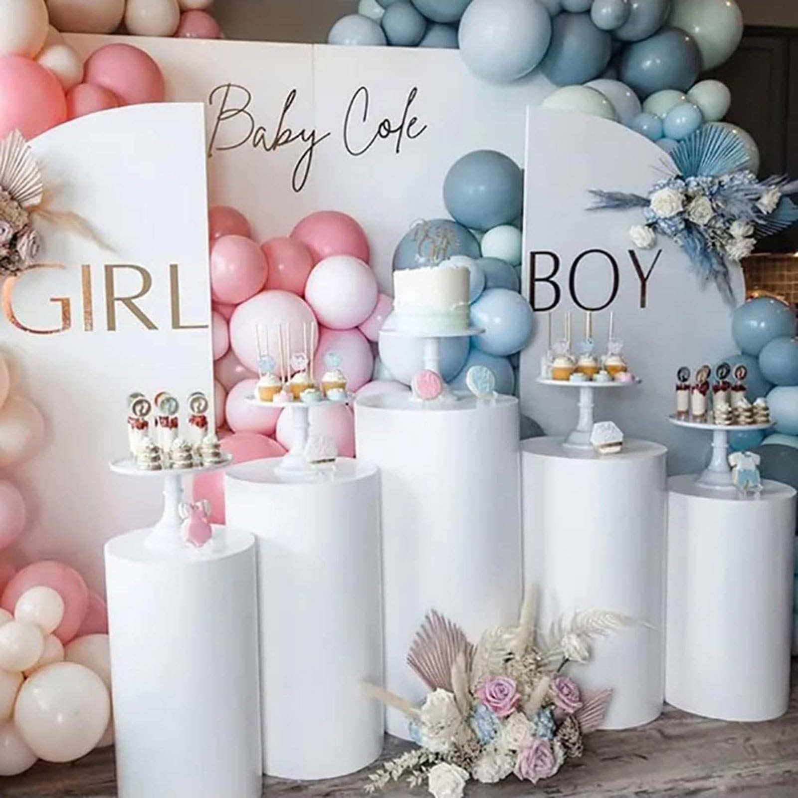Juego de 5 soportes cilíndricos blancos - Pilares de pedestal redondos para exhibición de pasteles y flores para bodas, cumpleaños, baby showers, Halloween y eventos navideños Blanco