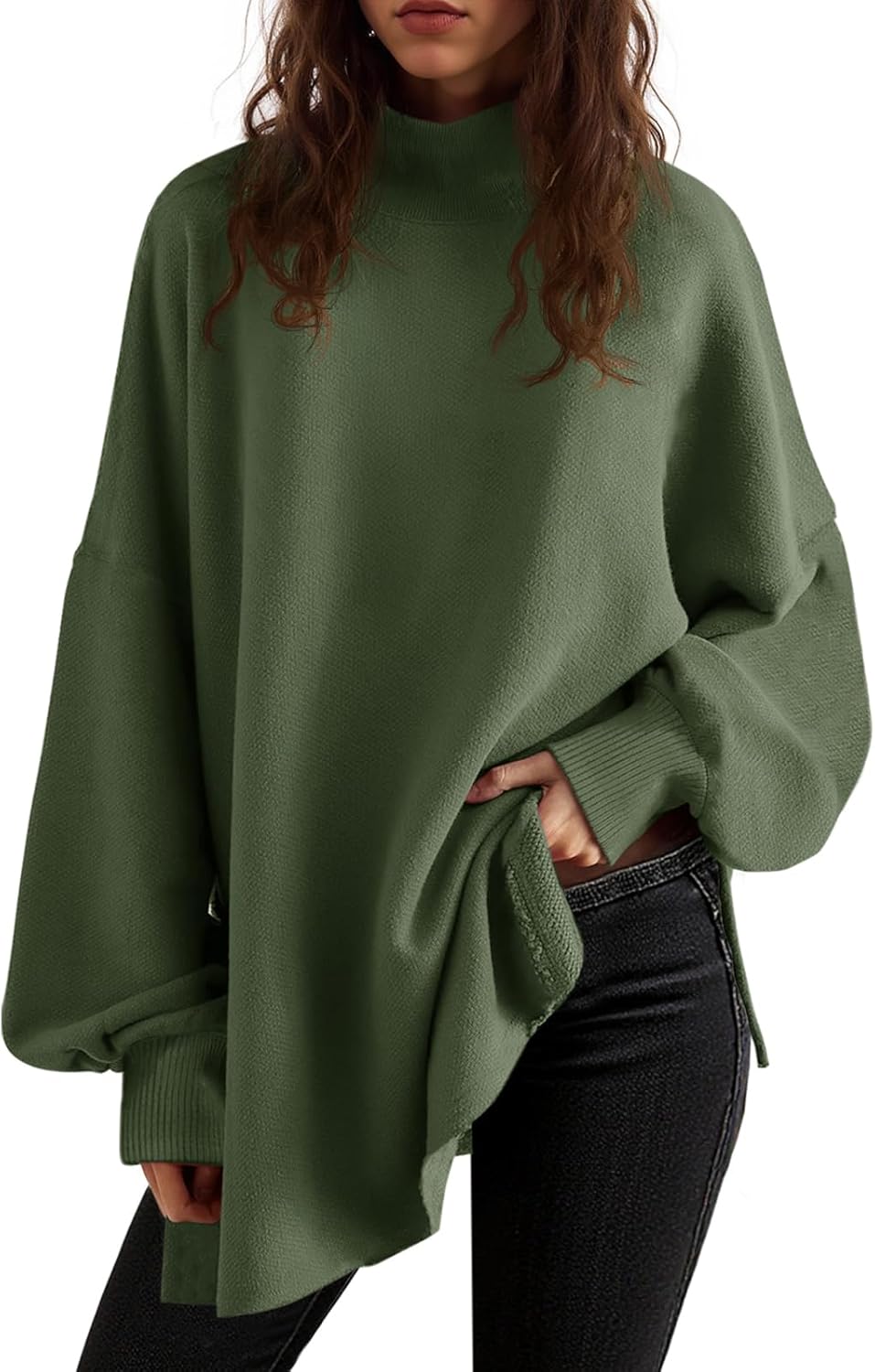 Saodimallsu Womens Turtleneck Oversized Sweaters Puff Sleeve Side Slit Casual Knit Tunic Pullover Tops