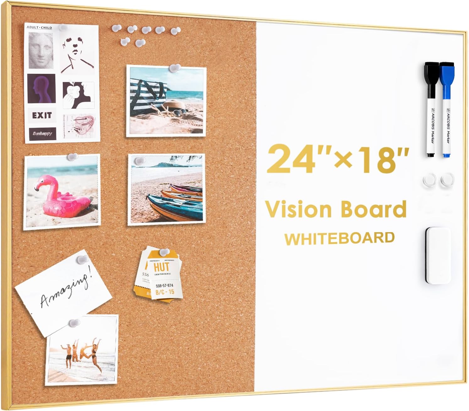ARCOBIS Cork Board White Board Combo, 60 x 45 cm Bulletin Board-Gold Frame, M...