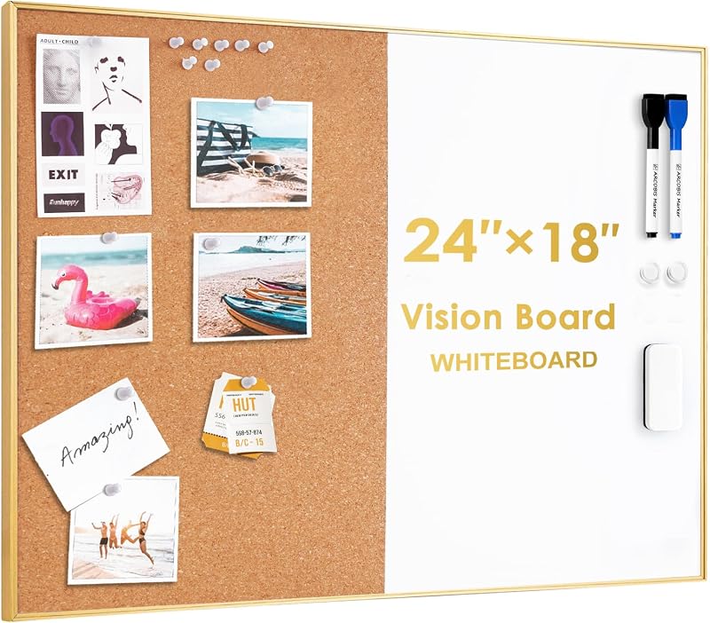 Cork Board White Board Combo | 24"x18" Bulletin Board-Gold Frame, Magnetic Dry Erase Board & Corkboard for Wall, Vision Board for Home, Office, School