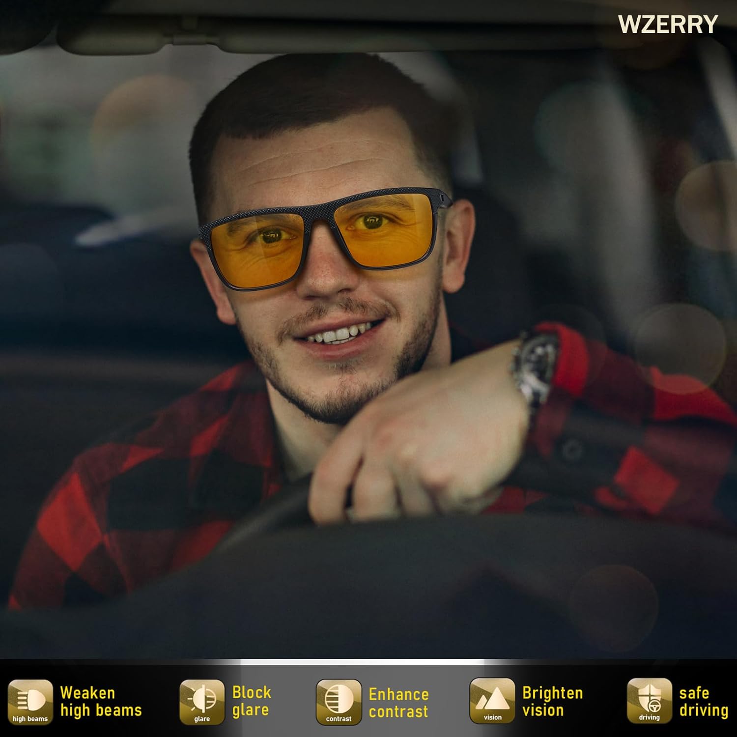 Wzerry Night Vision Glasses for Men, Yellow Tint Anti Glare Night Driving Glasses - Safe Driving Eyewear for Nighttime - Image 2