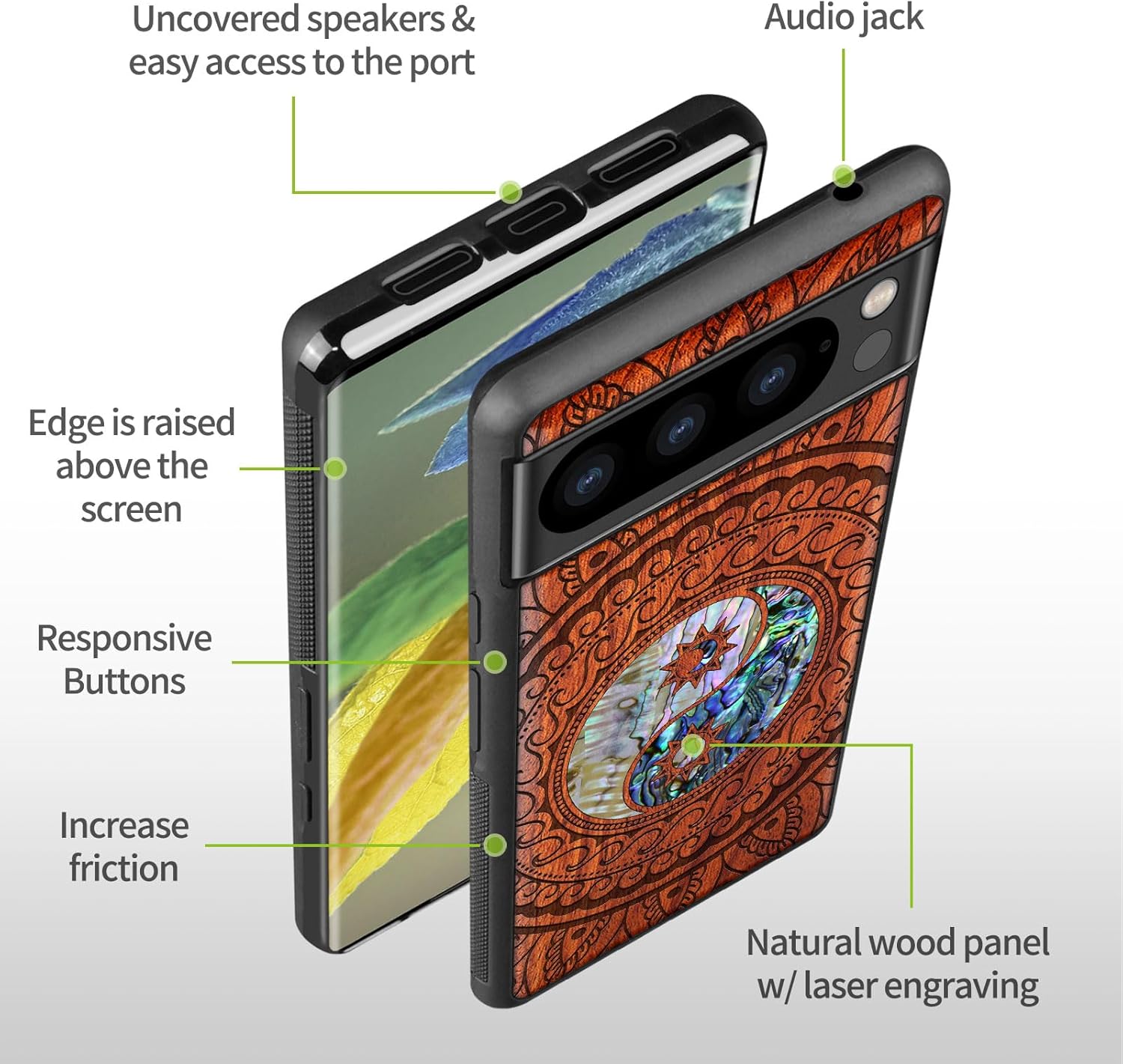 Carveit Designer Wooden Case for Google Pixel 8 Pro Case Cover [Wood Engraving & Shell Inlay] Compatible with Wireless Chargers Pixel 8 Pro (Yin Yang Paisley-Rosy)