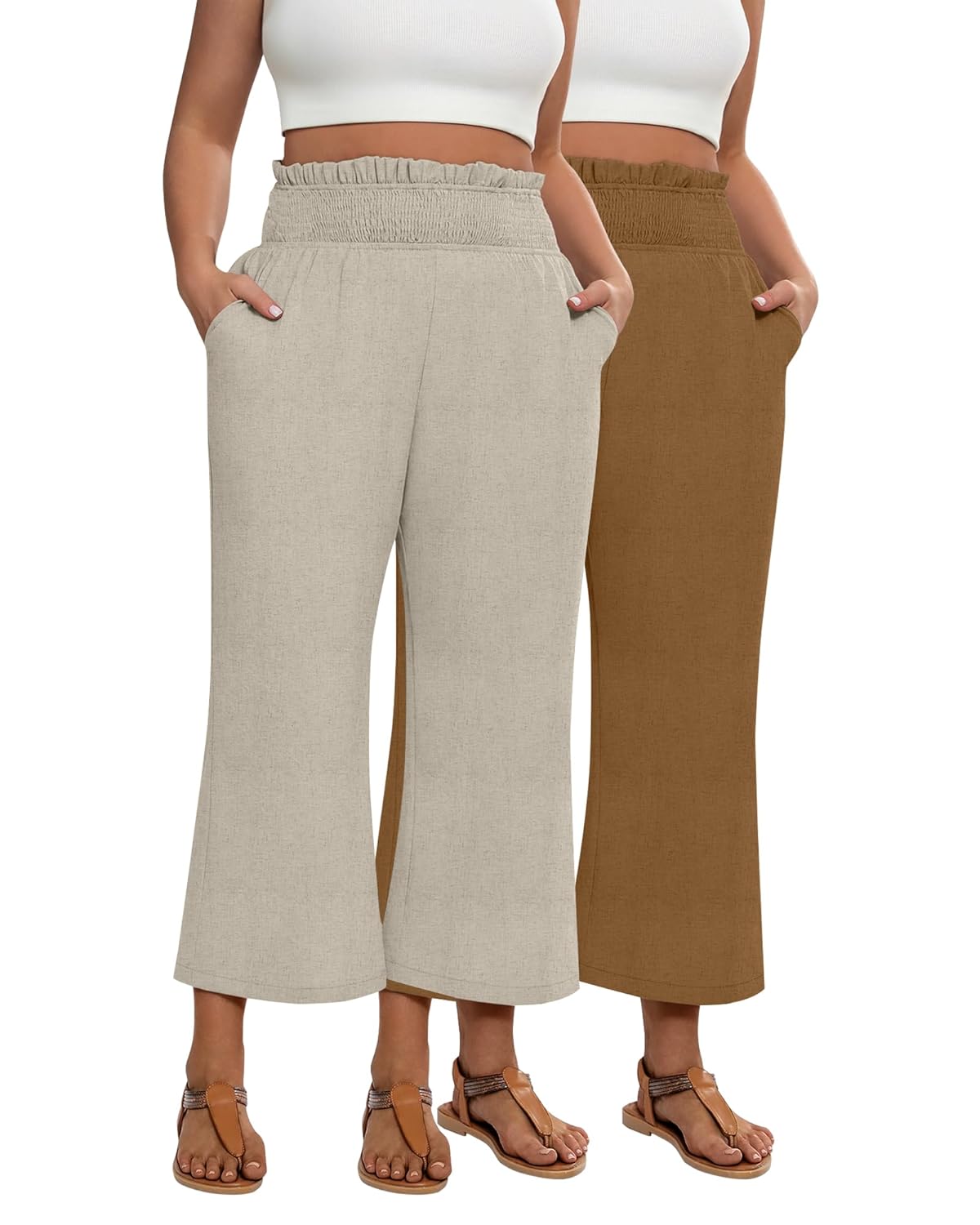 2 Pack Womens Plus Size Linen Pants Elastic Waist Flowy Cropped Pants Casual Wide Leg Capri Palazzo Trousers