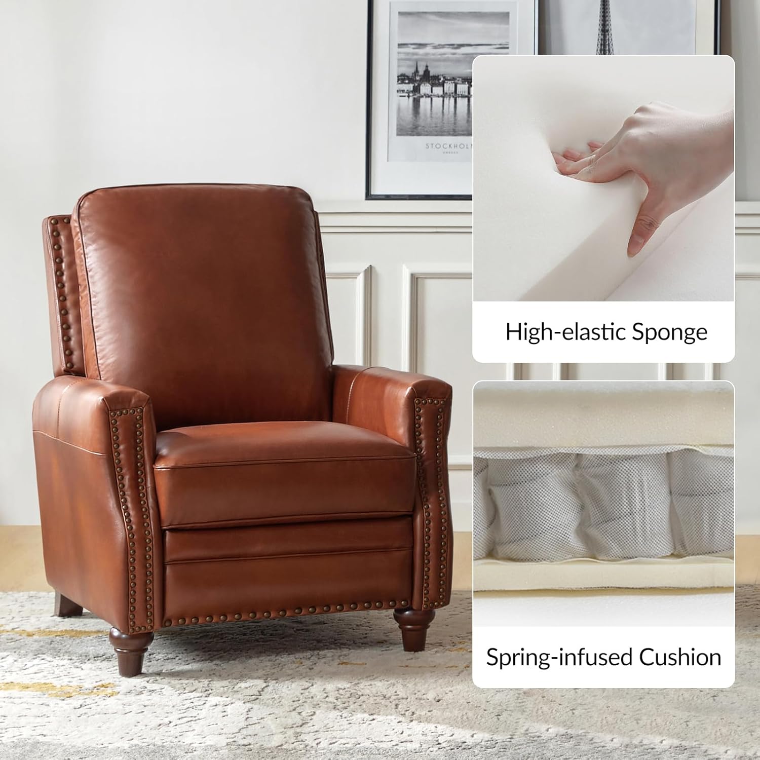 HULALA HOME Genuine Leather Manual Recliner Chairs Set of 2 with Adjustable Backrest & Footrest, Mid Century Modern Push Back Recliners with Nailhead Trim & Wood Legs, Saddle