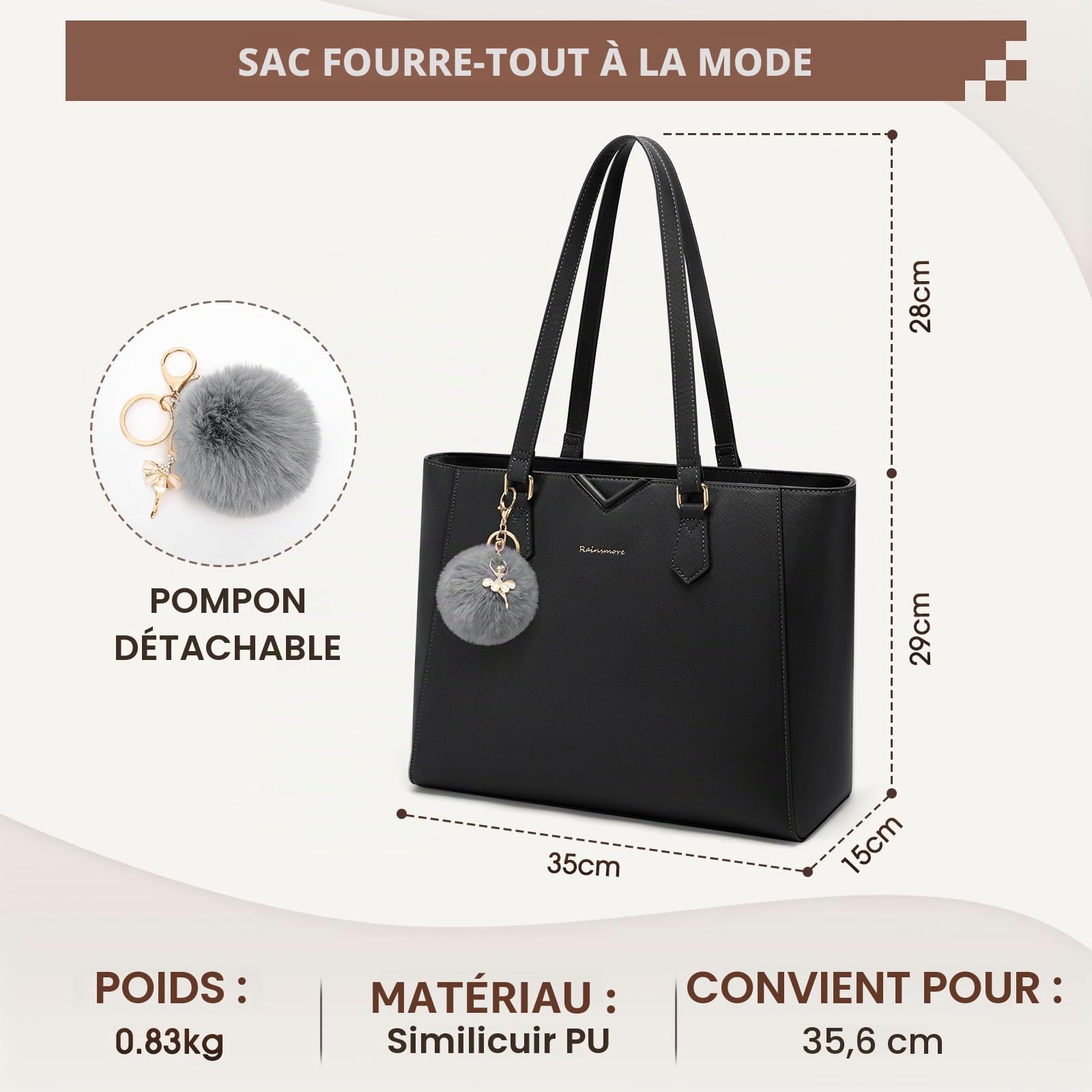 RAINSMORE Sac a Main Femme Sac Cabas Grand Capacité Sacs Fourre-Tout Imperméable Sacs Ordinateur Portable Cuir PU Sac à Main Femme Avec Pompon Amovible pour Cours Affaires Voyage