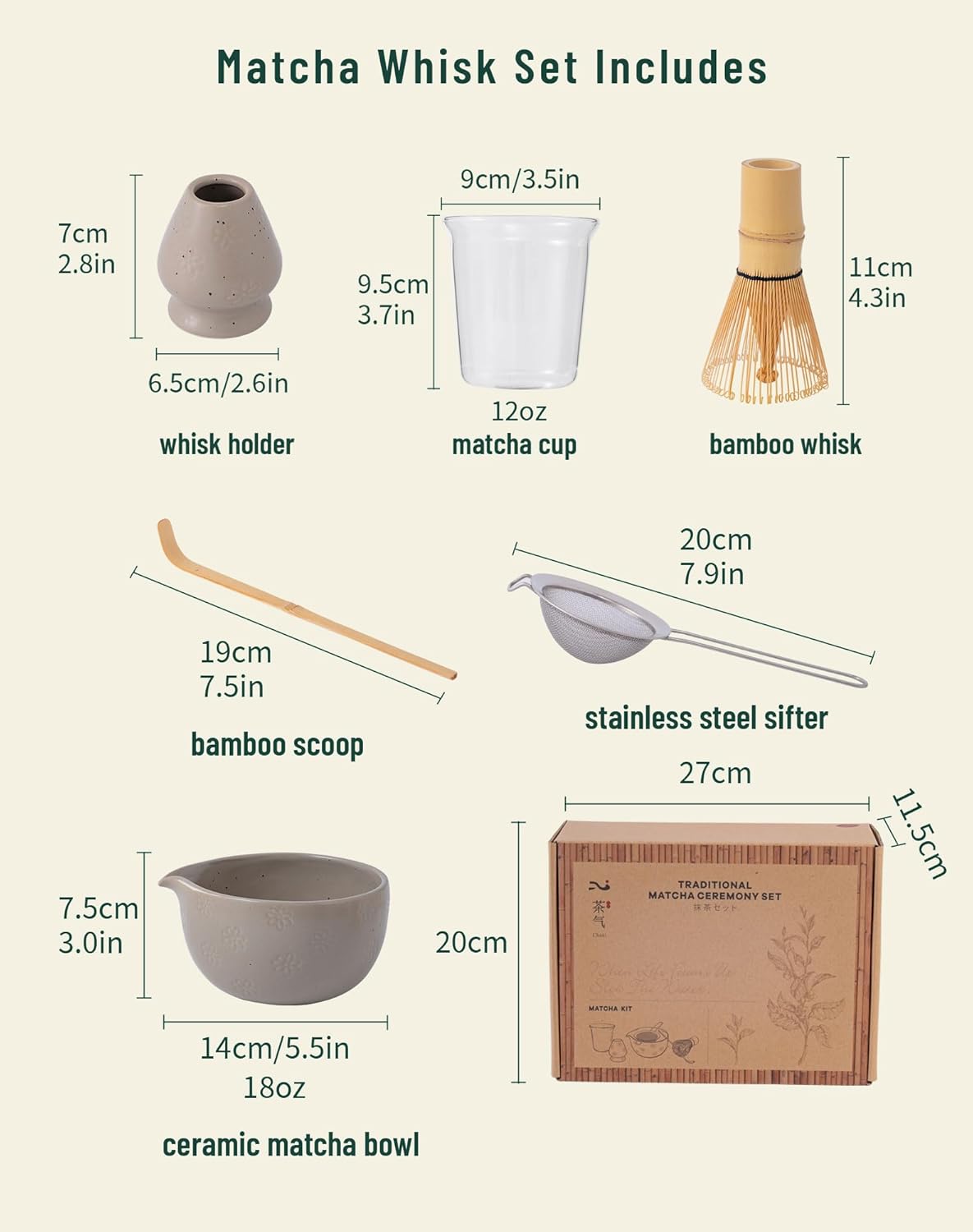 TEATALK Matcha Whisk Set 6Pcs, Japanese Matcha Bowl & Bamboo Whisk Kit with Stainless Steel Sifter, Scoop, Holder & Cup, Complete Ceramic Matcha Making & Gift Set for Tea Ceremony, Green