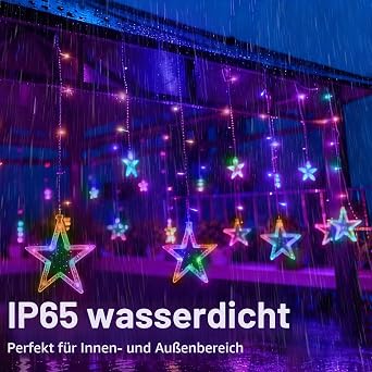 LED Lichterkette Lichtervorhang 3M 12 Sterne 138 LEDs Sternenvorhang Strom mit Merkfunktion Timer Fernbedienung 8 Modi Für Innen Außen Weihnachten Party Hochzeit Garten Balkon Deko Bunt [Energieklasse A]