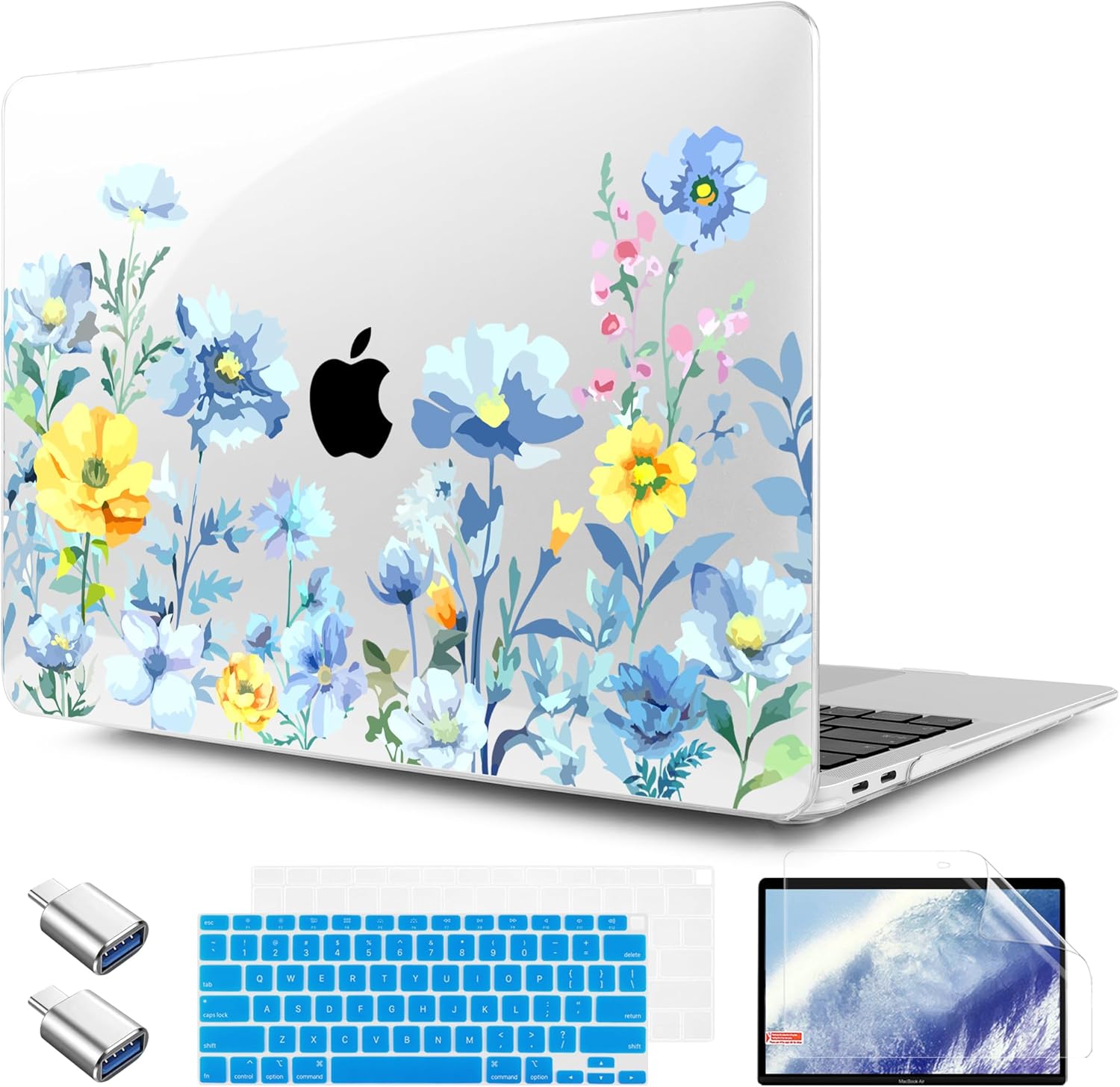 TWOLSKOO for MacBook Air 13.3 inch Case 2021 2020 2019 2018 Release M1 A2337 A2179 A1932 with Touch ID, Plastic Hard Shell Case & Keyboard Cover & Type C Adapter, Blue Flowers