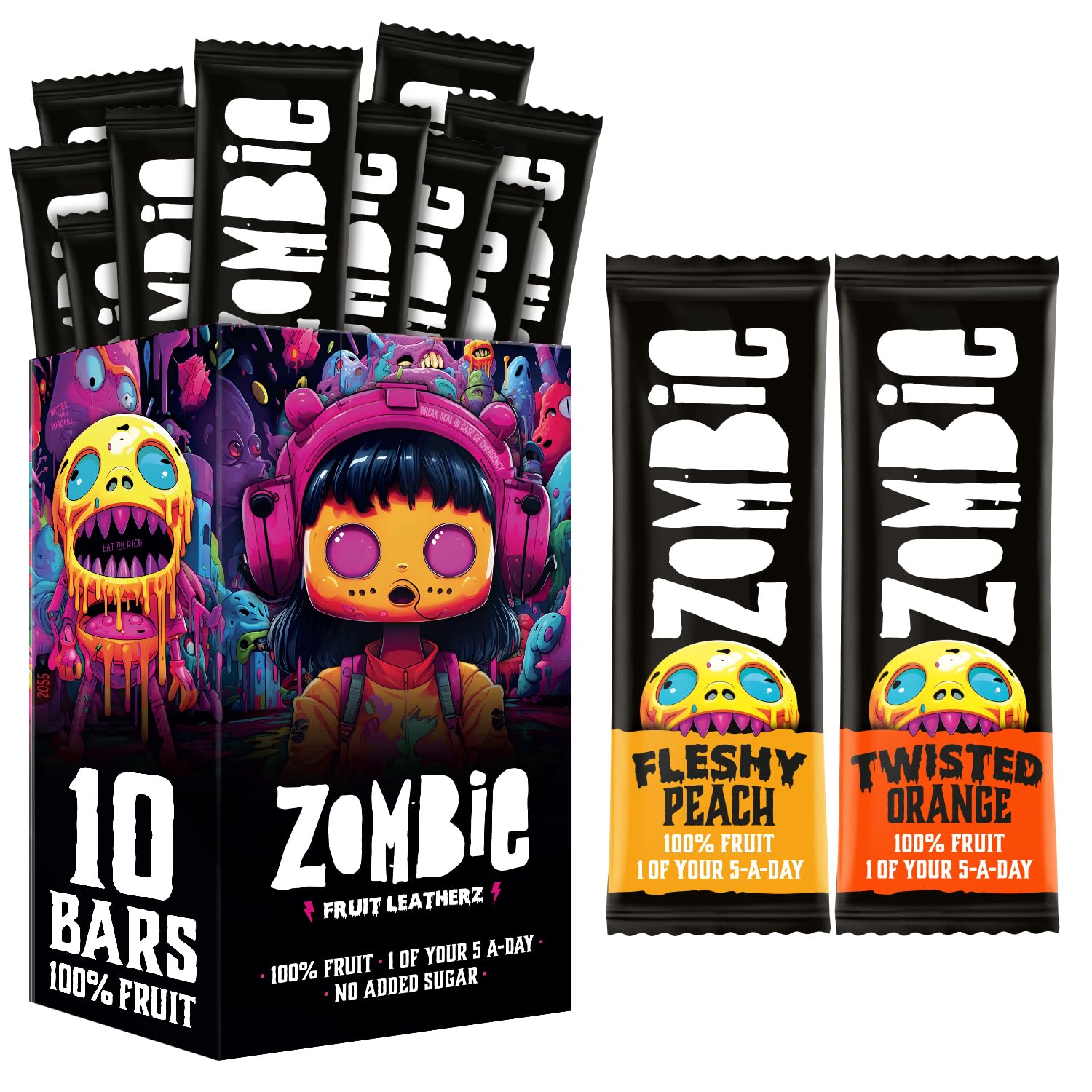 Zombie Fruit Bars, Orange & Peach (10 Bars, 2 Flavours), 100% Dried Fruit, Healthy Snacks, Adults, Kids, Office, Low Calorie, Gluten Free, Vegan, Halal, Bulk, Real Fruit, No Added Sugar, Natural