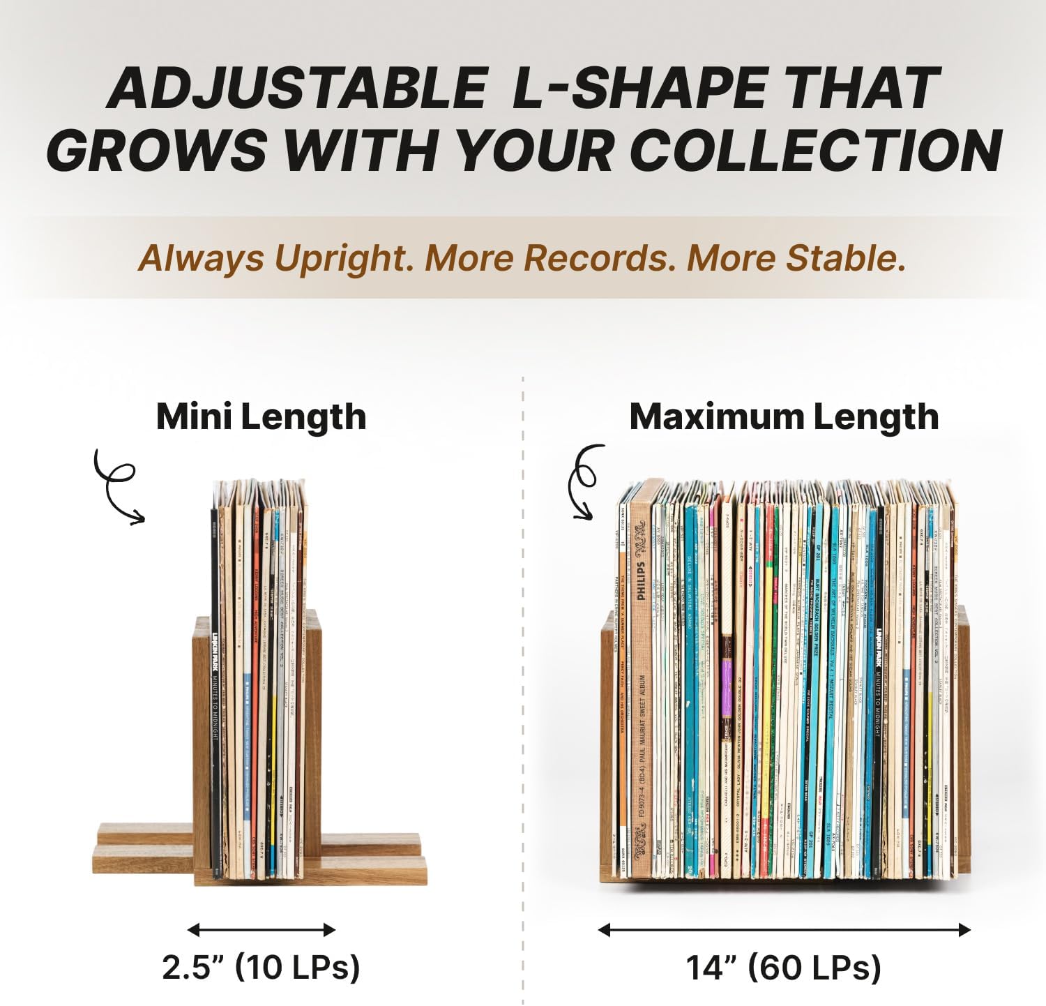 Adjustable Vinyl Record Holder to Keep Records Upright, Holds 20–60 LPs, Solid Acacia Wood Album Stand, Modern Decorative Display for Player, Shelf & Home Decor