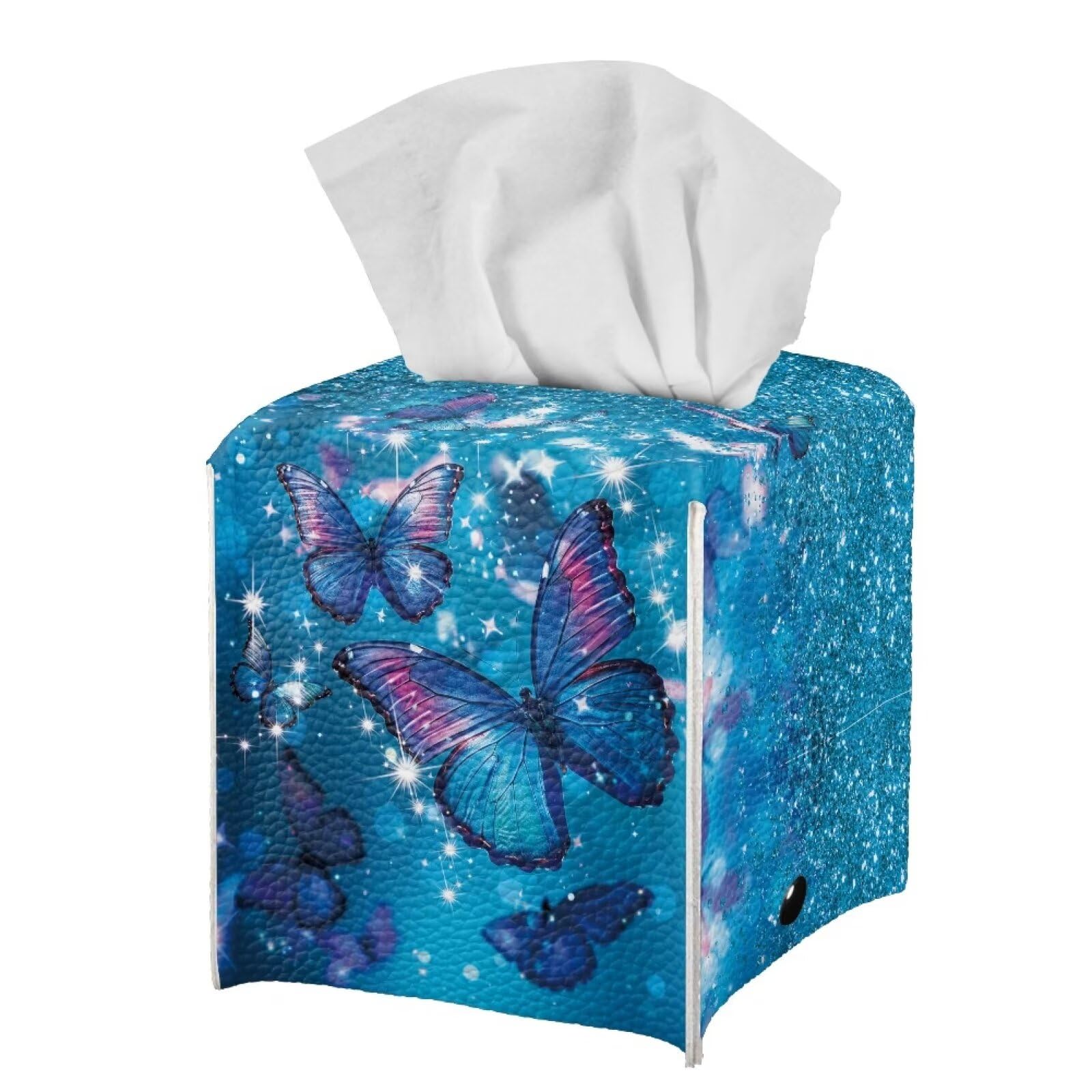 Poceacles Blue Butterfly Glitter Print Tissue Box Cover Square PU Leather Facial Tissue Box Holder for Dresser Bathroom Decor - Image 3