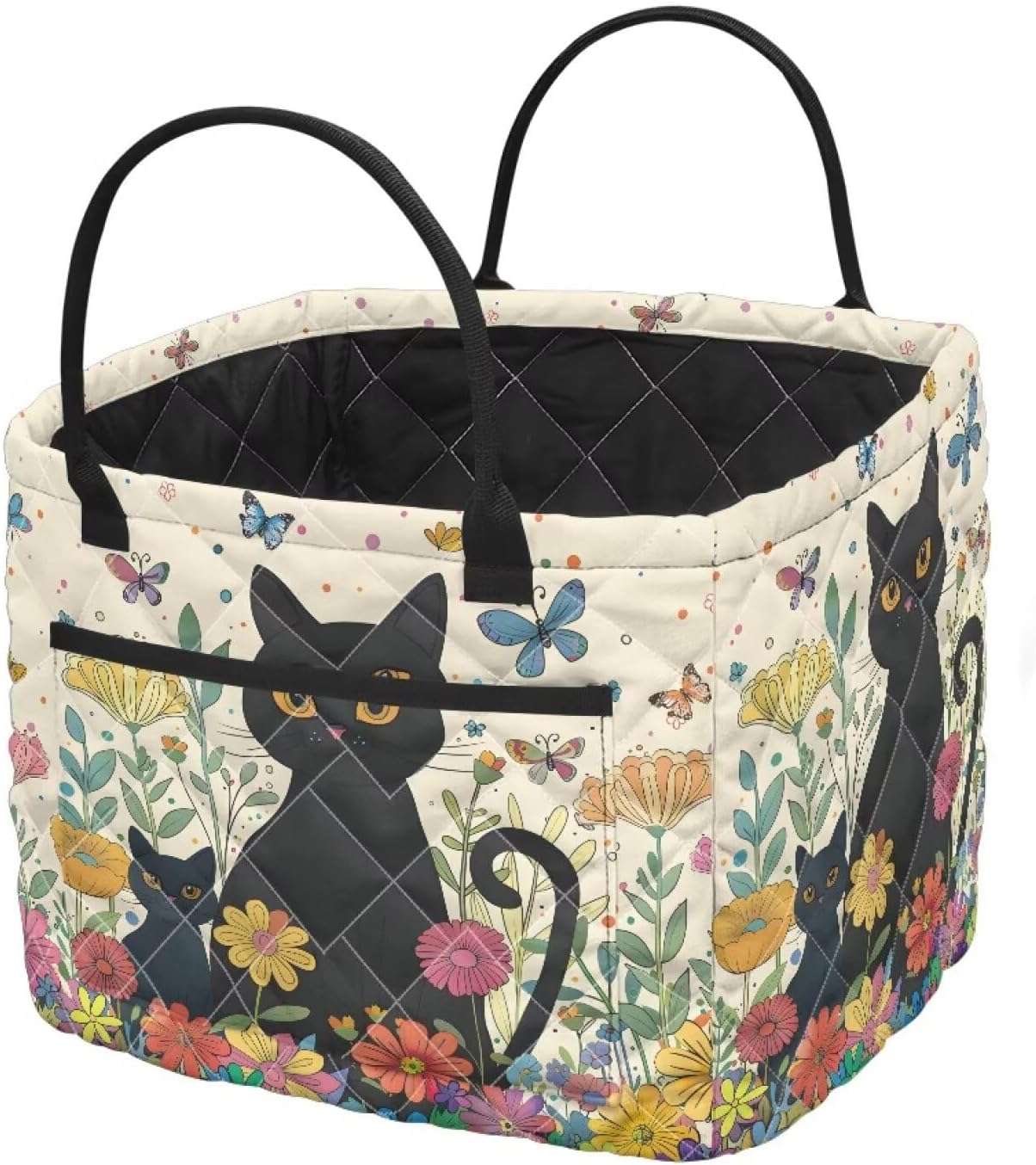 Blossom Quilted Laundry Basket for Bedroom 12.59 x 11.02 x 10.62 inches Large Capacity Black Cat Storage Basket Nursery Organizer Bin