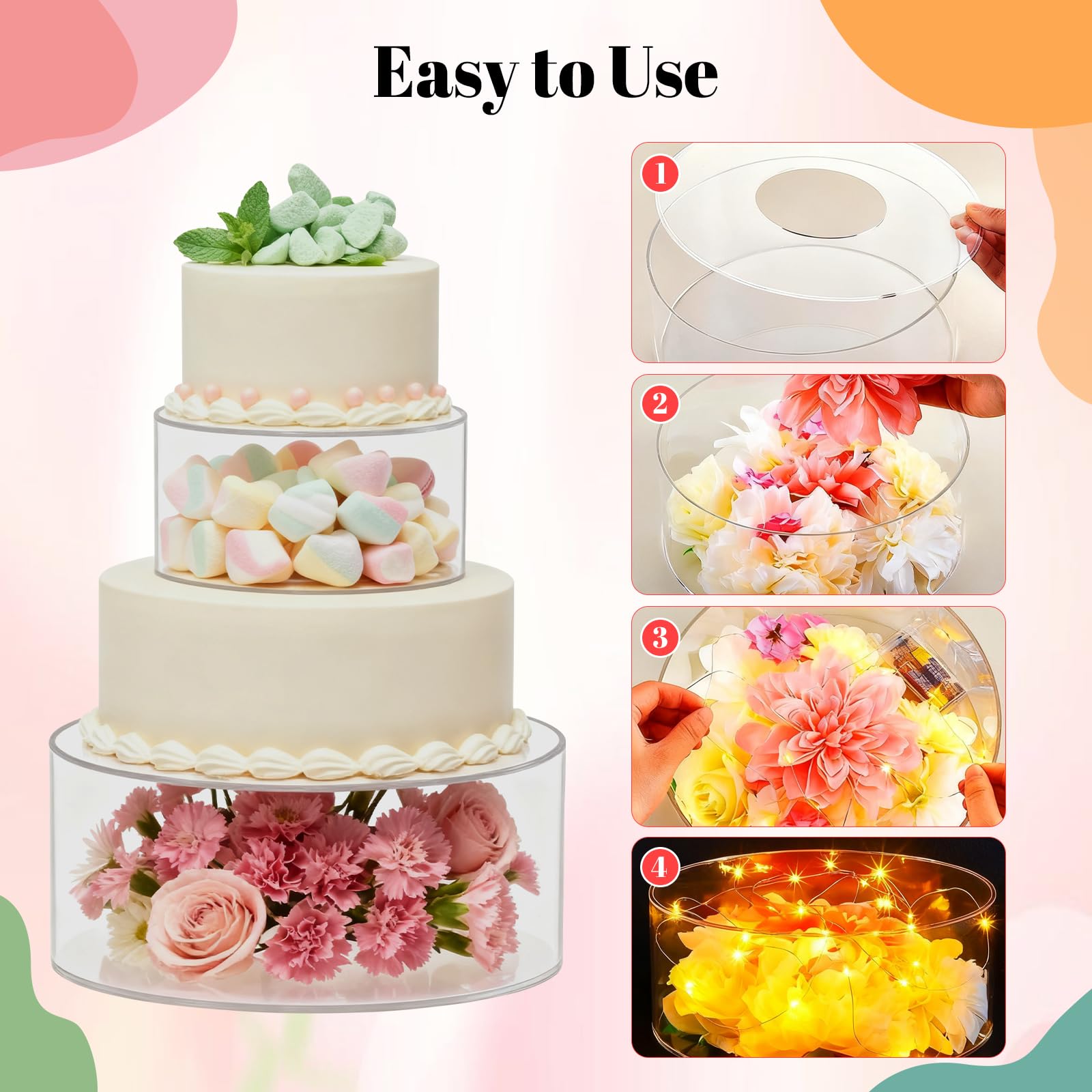3 Pezzi Alzata per Dolci, Vassoio per Torte Rotondo Trasparente Riempibile con 3 Strisce Luminose a LED per Matrimoni, Compleanni e Feste