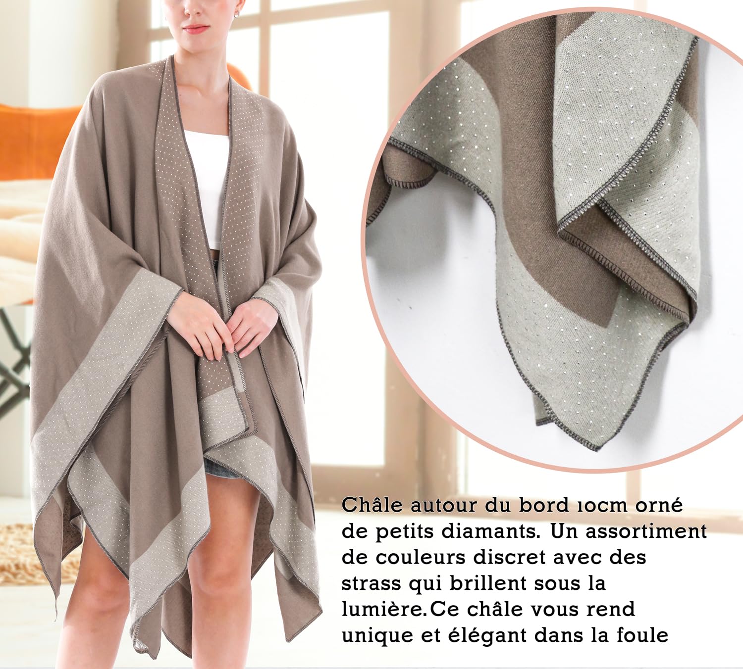 Shmily Girl Poncho Femme Hiver Élégant Châle Femme Chaud Poncho Cape Réversible Écharpe Châle Hiver Automne Poncho Châle Ouvert Cape pour Femme