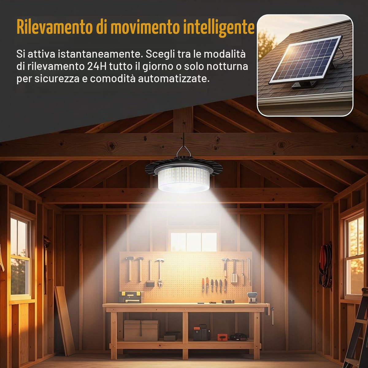 Lampade solari interne per capannoni, lampada solare con sensore di movimento a 4 modalità luminose, lampada sospesa solare per esterni impermeabile con telecomando, ideale per capannoni, gazebo