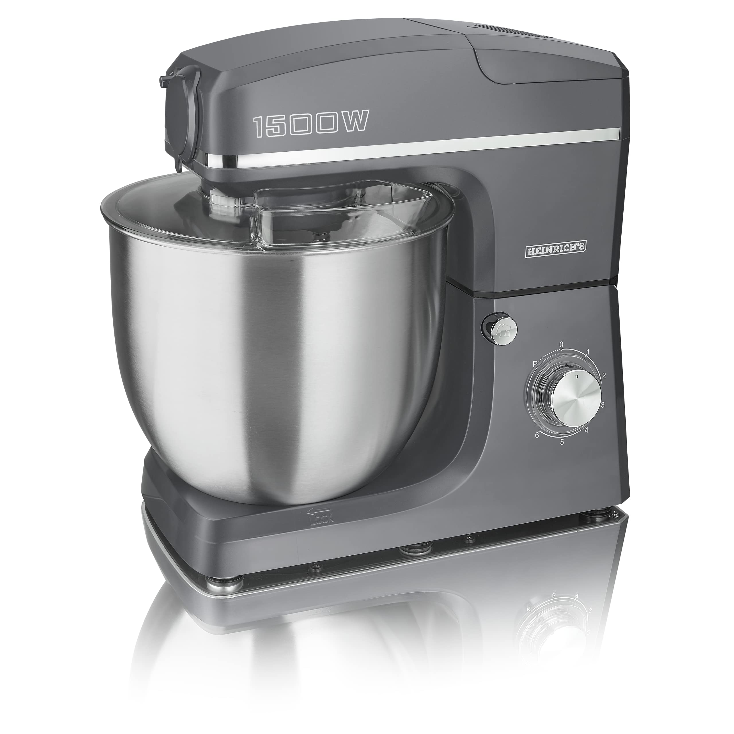 HEINRICHS 3 in 1 Universal Küchenmaschine, Küchengerät 1500W, 6 Geschwindigkeitsstufen, Multifunktionale Knetmaschine mit Fleischwolf, 1.5L Mixerbehälter, XXXL 10L Edelstahlschüssel (Grau)