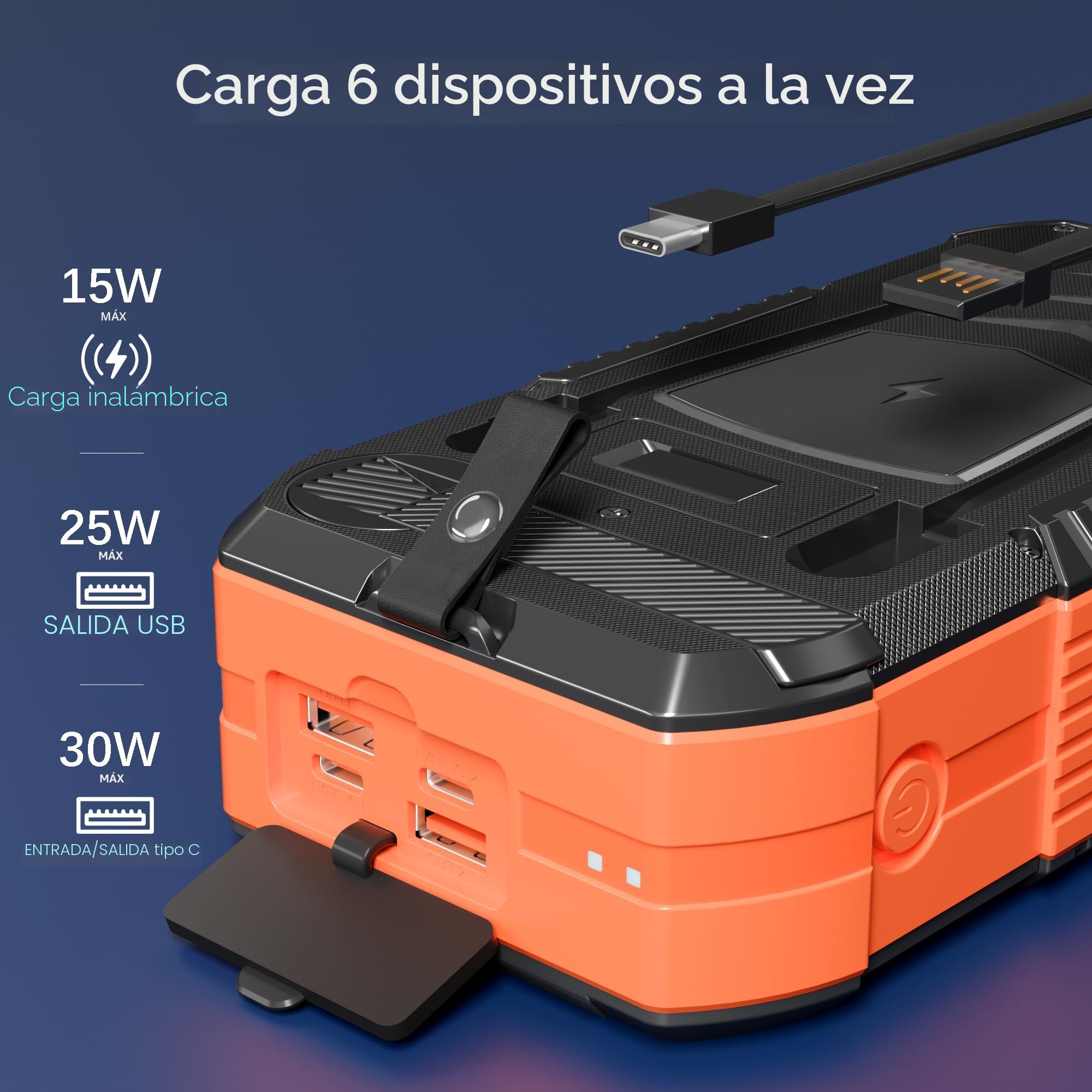 70000mAh Power Bank Solar con 30W Carga Inalámbrica: Batería Externa de Gran Capacidad con 6 Salidas, Carga Rápida USB C Linterna LED, Brújula y Manivela Manual, para Campingal