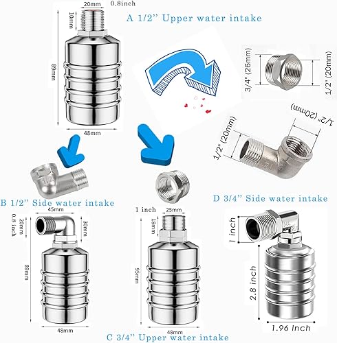 Miniatura 9 de Paquete de 2 válvulas de flotador, válvula de flotador automática de 12 pulgadas, 34 pulgadas, 1 pulgada, válvula de flotador de acero inoxidable