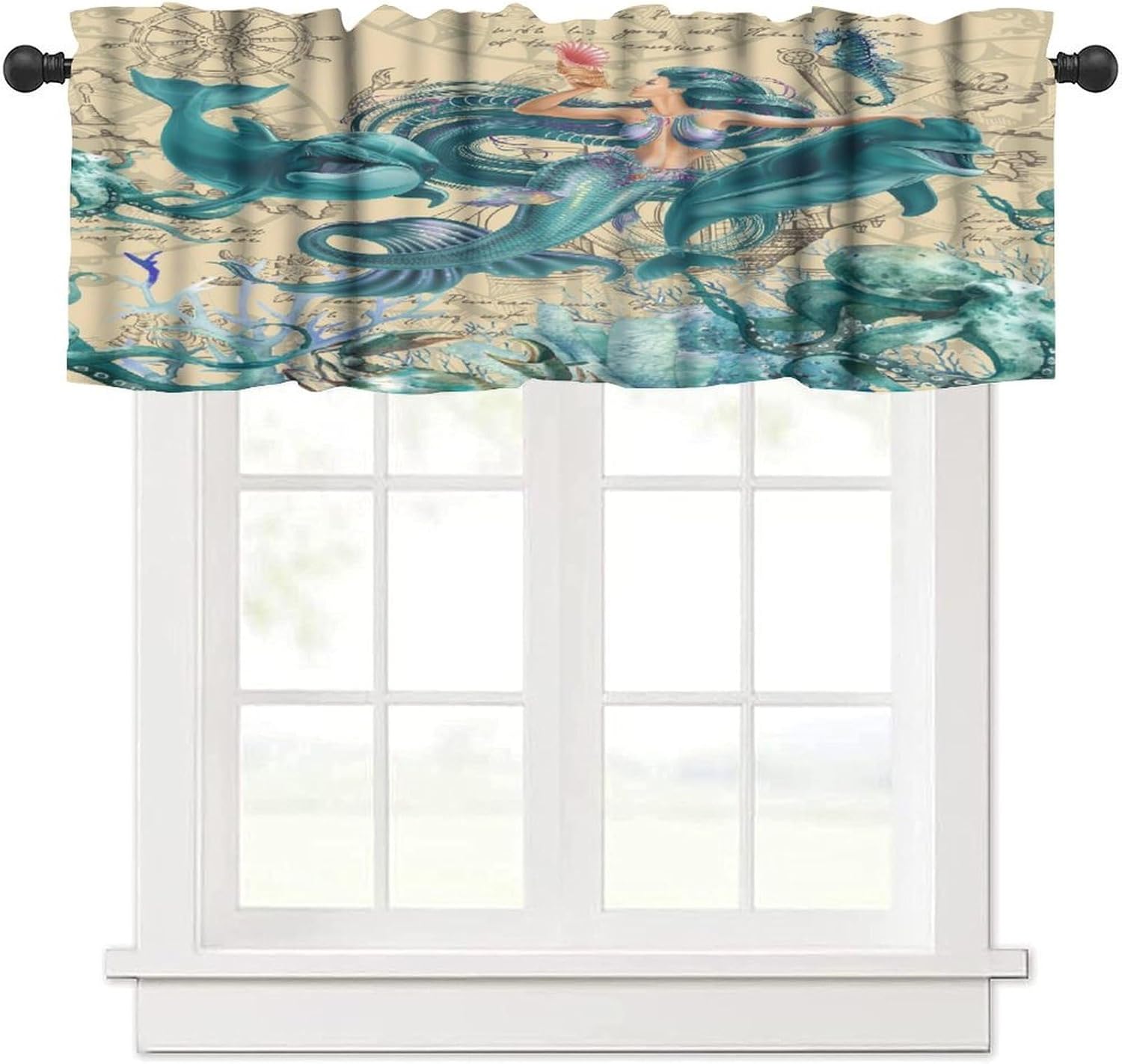 Mermaid Kitchen Curtain,Kids Ocean Pink Scale Tail Seashell Jellyfish Anchor Print 3Pcs for Bedroom Dining Room Cafe Office Living Room Drapes,54 x 18 in + 27 x 24 in*2