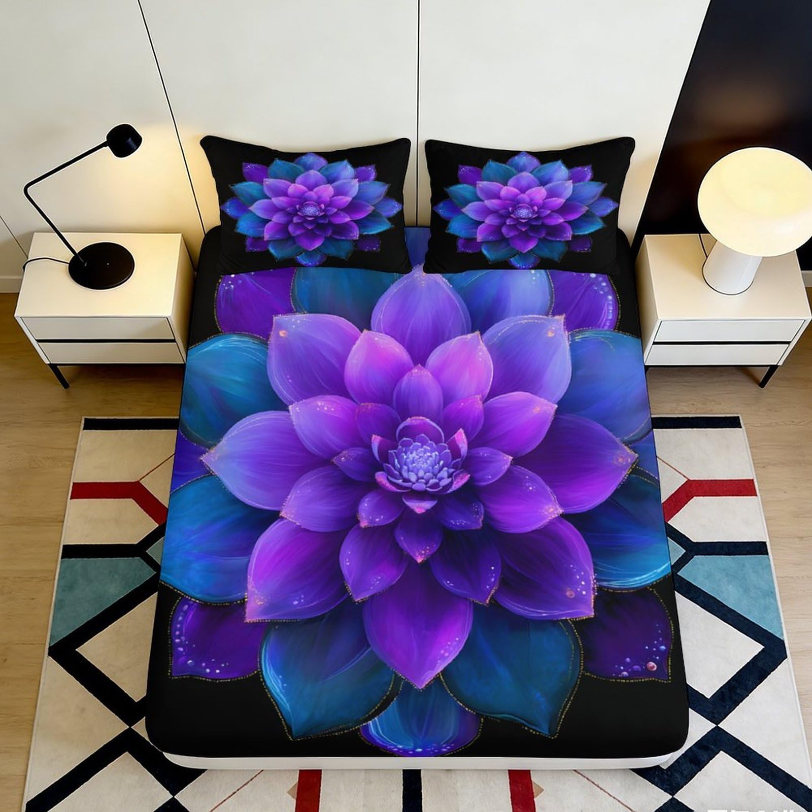 3D Printed Purple Lotus Fitted Sheet Microfiber Soft Non Slip Floral Blue Petal Mattress Cover Bedroom Decor 90x200x25cm