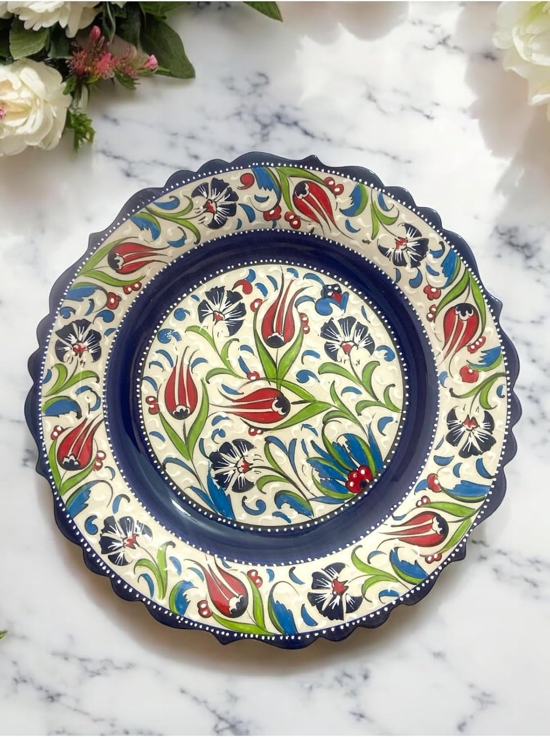 SODEF Decorative Plate Handmade Ceramic 12-Inch Kütahya Pottery Turkish Art, Traditional Home Decor, Display Plate, Wall Hanging, Blue - Blue
