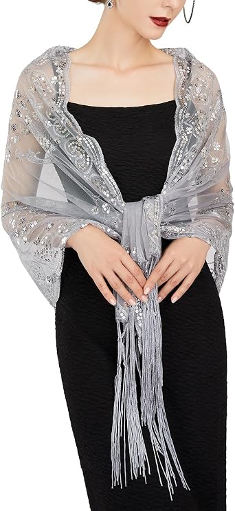 SWEETV Womens 1920s Long Shawl Wraps,Sequin Flapper Evening Shawls for women formal/Party/Wedding/Formal/Harlem night