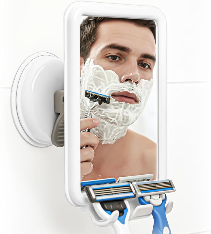 Espelho para banheiro Safe-er-Grip com ventosa, articulado, branco, com 2 ganchos para barbeador