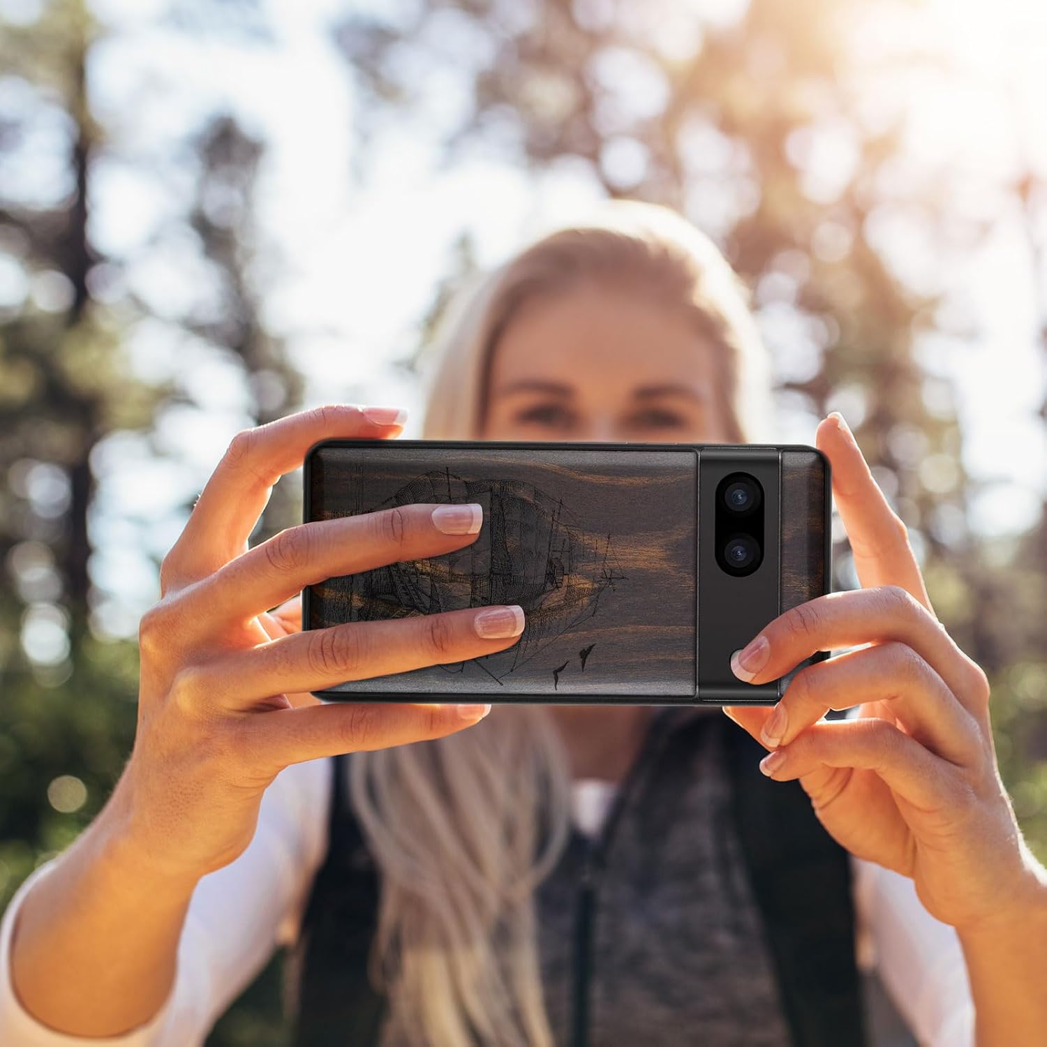 Carveit Wood Case for Pixel 8 Case [Natural Wood & Black Soft TPU] Shockproof Protective Unique Wooden Cover Compatible with Google Pixel 8 (Sailboat-Blackwood)